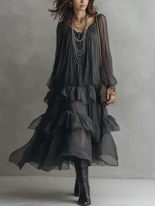 Dark Grey V Neck Sheer Tiered Ruffle Long Sleeve Boho Midi Dress