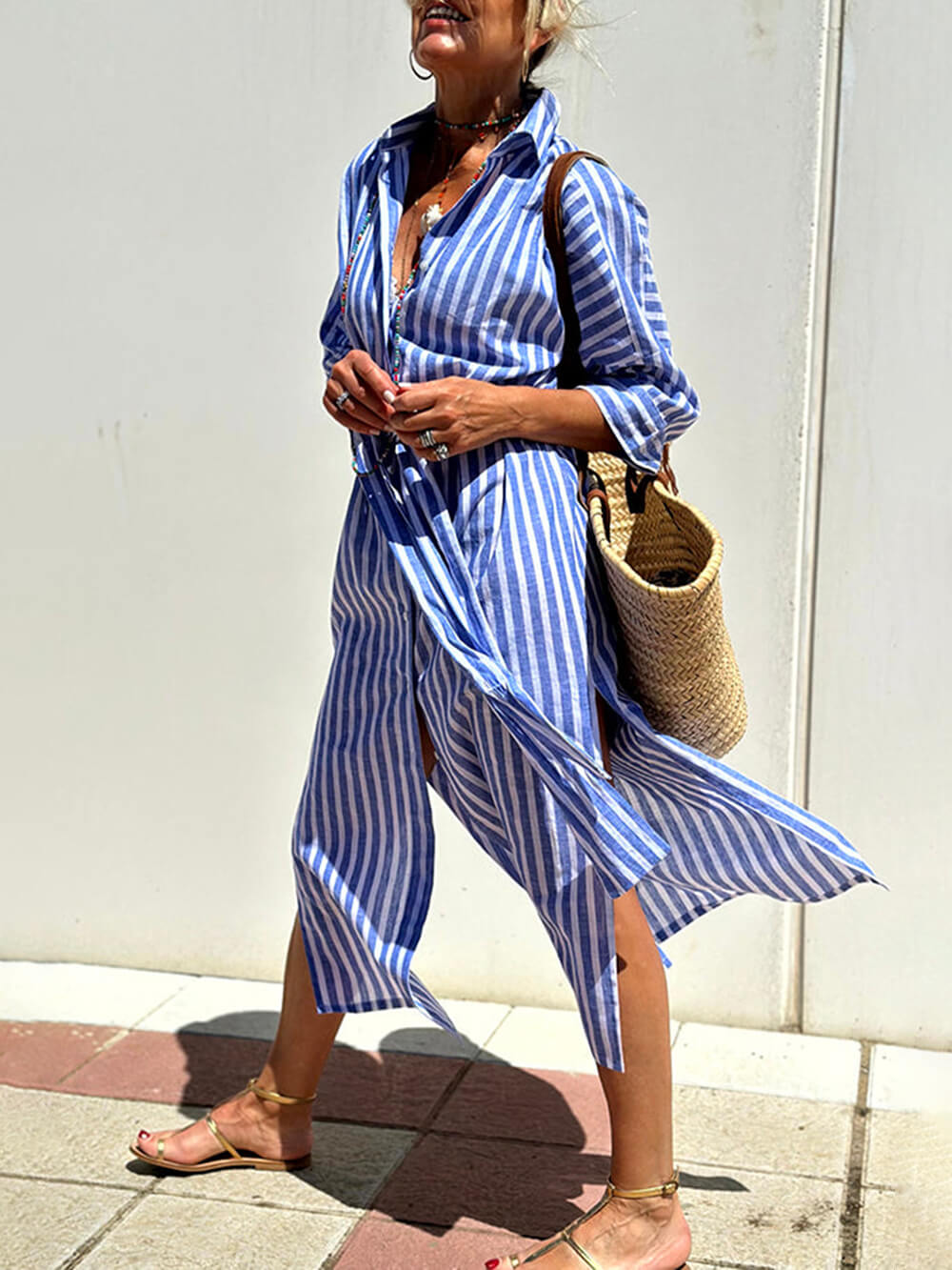 Splendor Stripes Printed Button Half Sleeve Belt Shirt Midi Dress-Likemychoice