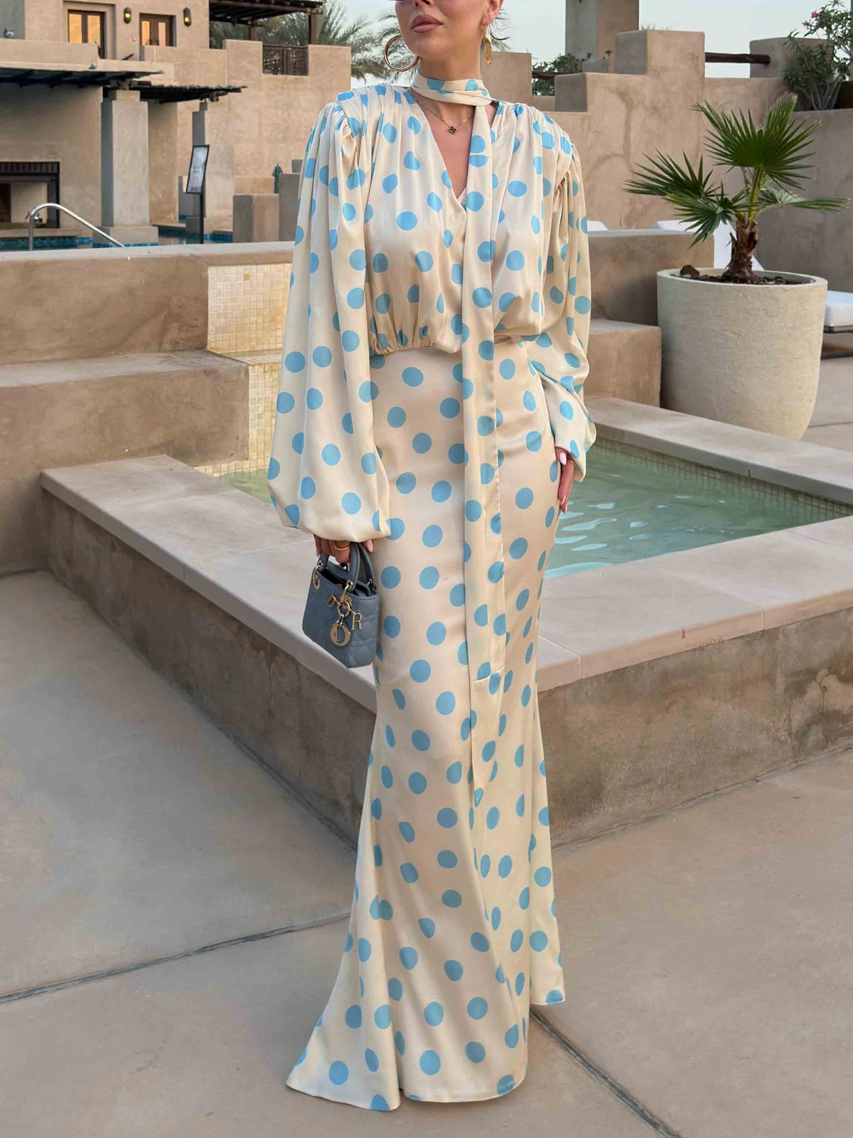 Elegant Polka Dot Blouse & Maxi Skirt Two-Piece Set