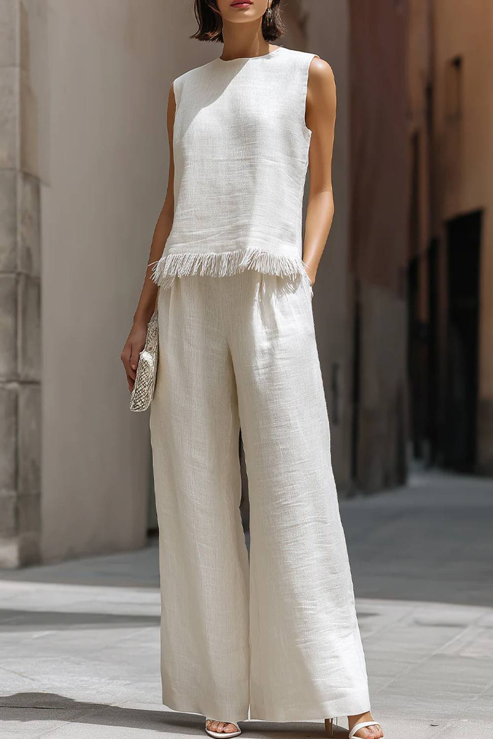 Fringe Trim Sleeveless Top & Wide‑Leg Pants Two‑Piece Outfit