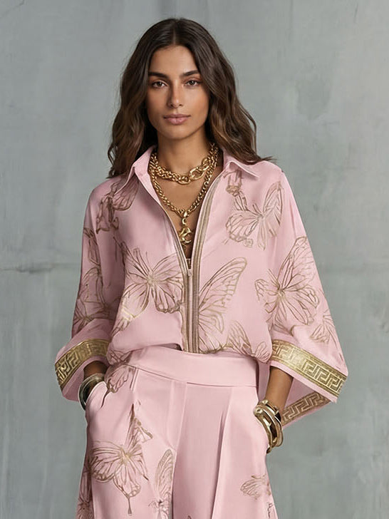 Elegant Butterfly Print Zip Shirt