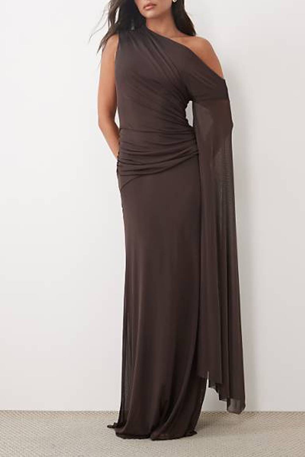 One‑Shoulder Draped Sleeve Ruched Maxi Evening Dress