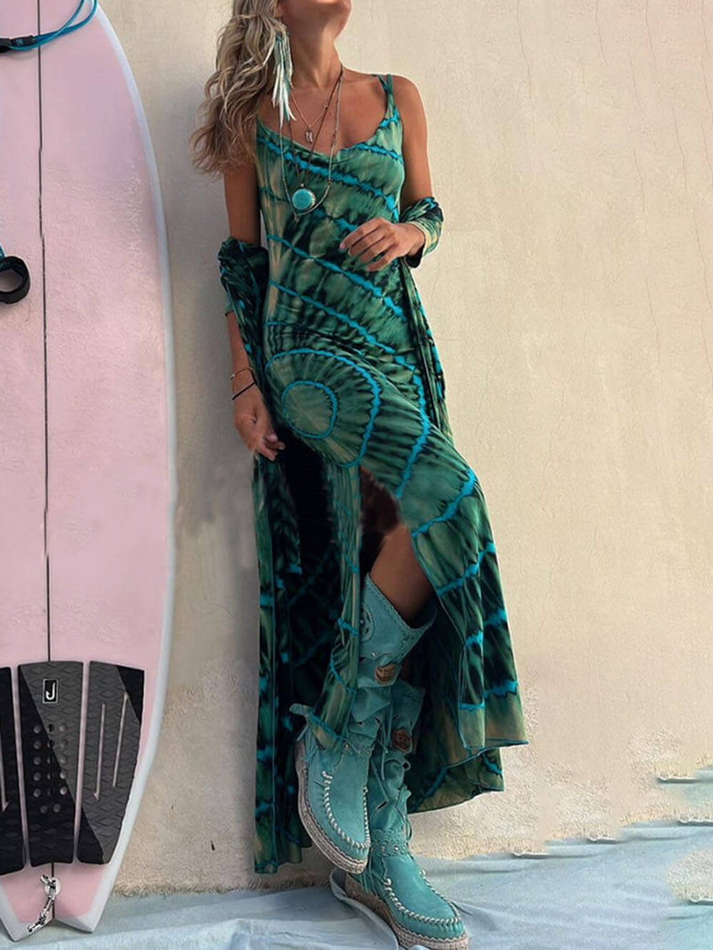 Boho Tie-dye Print Slit Midi Dress-Likemychoice