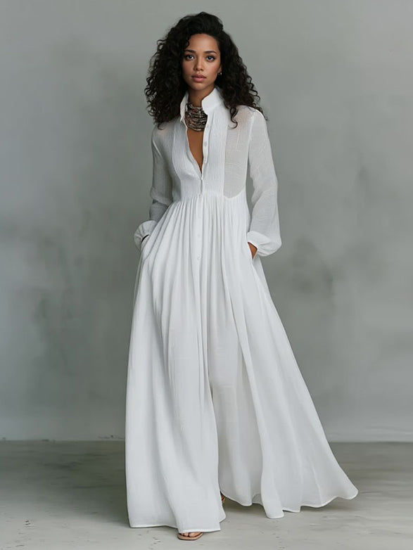 Casual Long-sleeved Pleated Maxi Dress