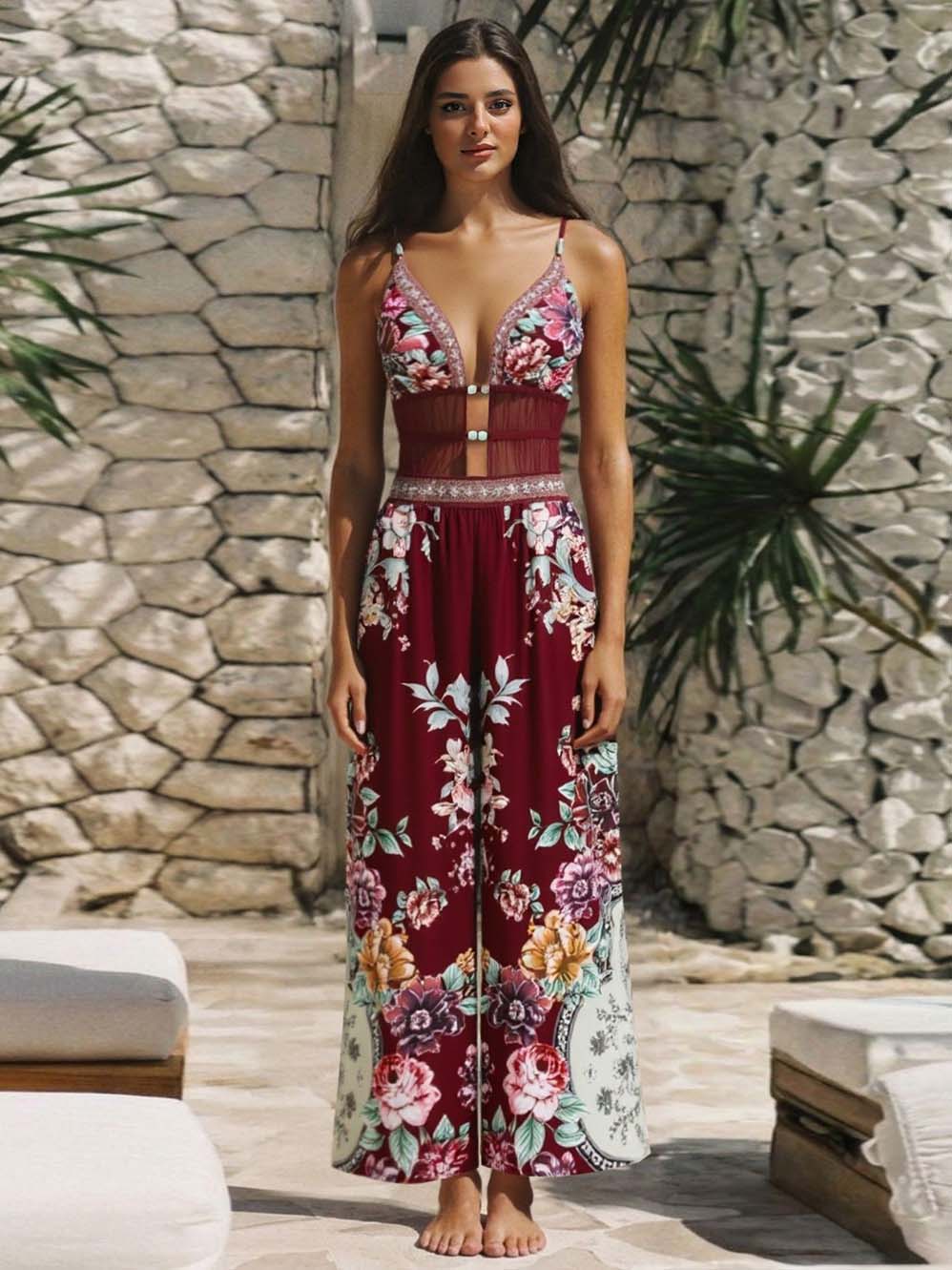 Bohemian Style Floral Lace Mesh One-piece Swimsuit