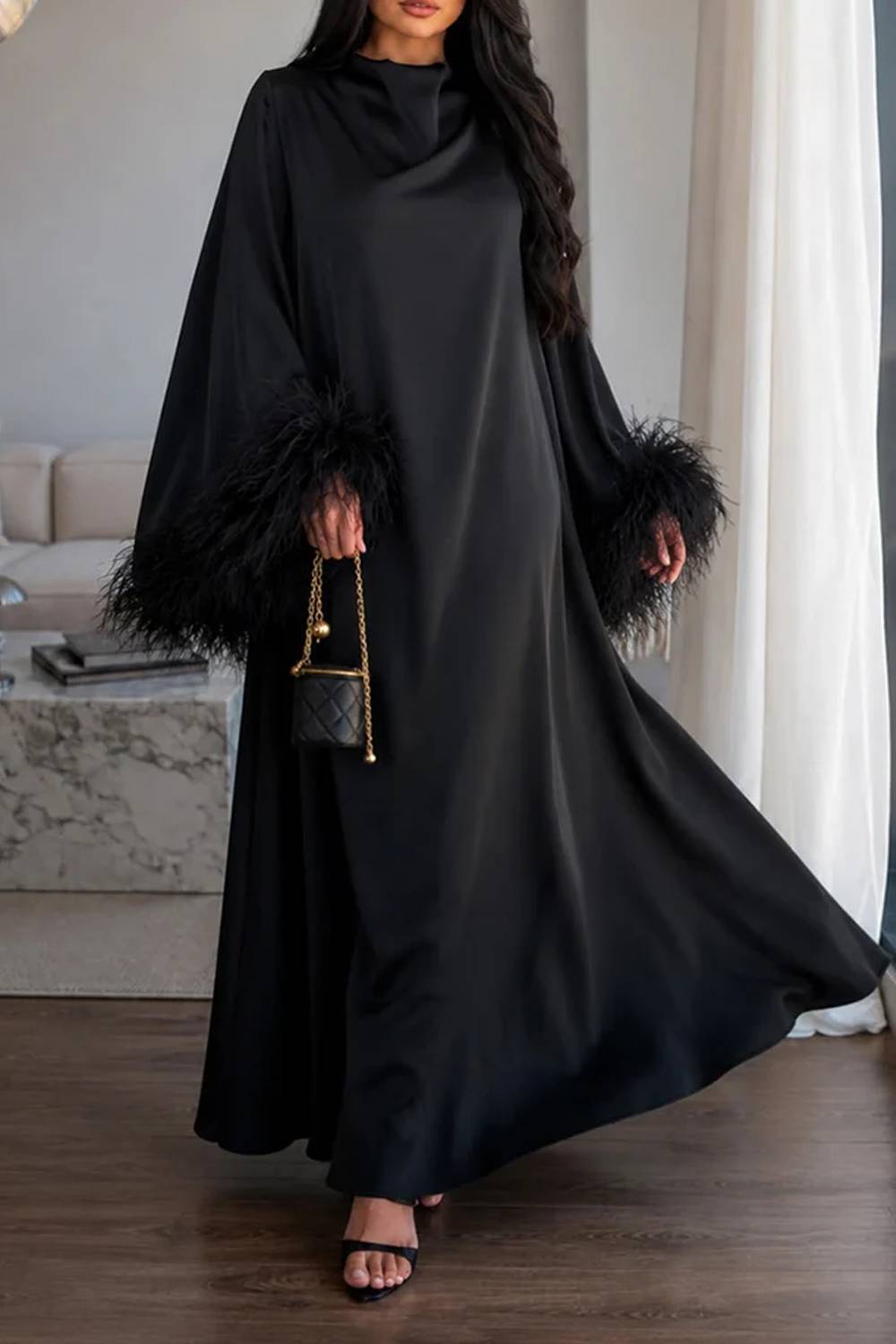 Loose Feather Cuff Long Dress Gown