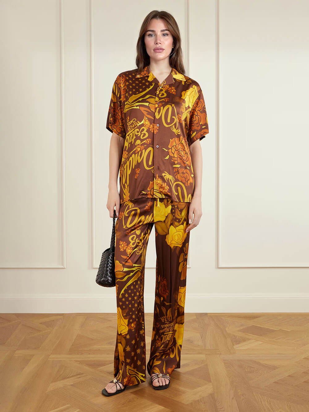 Unique Printed Satin Button-Down Loose Shirt