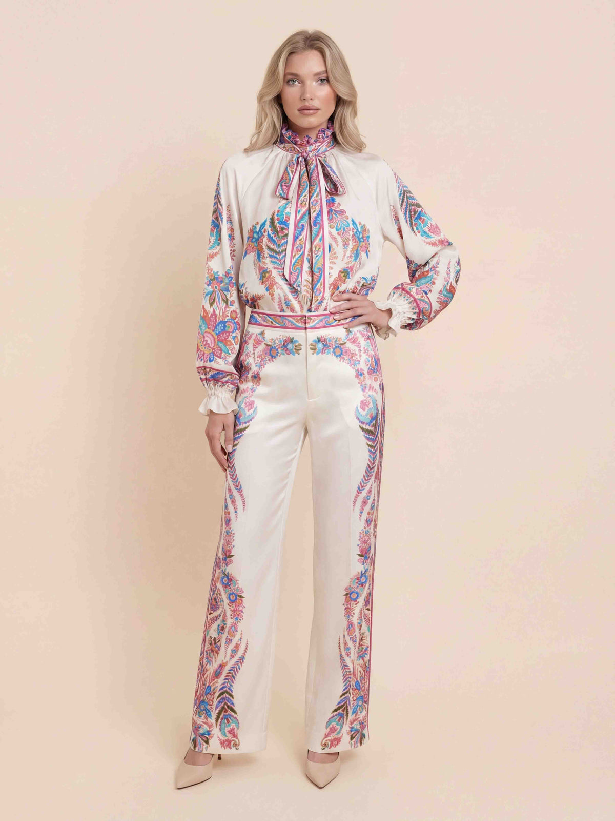Exquisite Bow Detail Paisley Print Satin Shirt