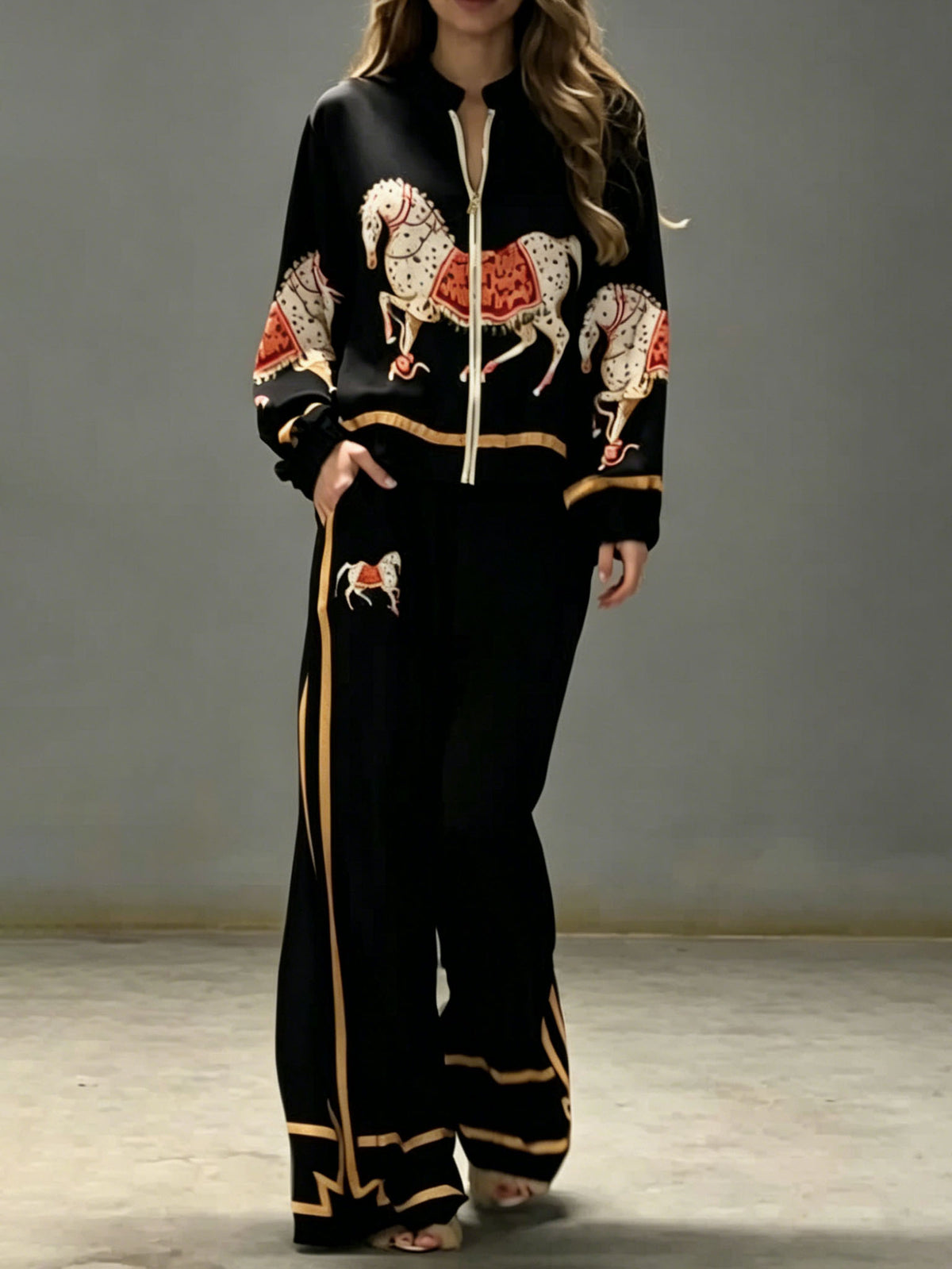 Exquisite Satin Horse Print Wide-Leg Pants