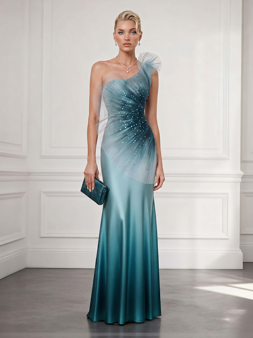 Elegant Gradient One-Shoulder Tulle Satin Maxi Dress
