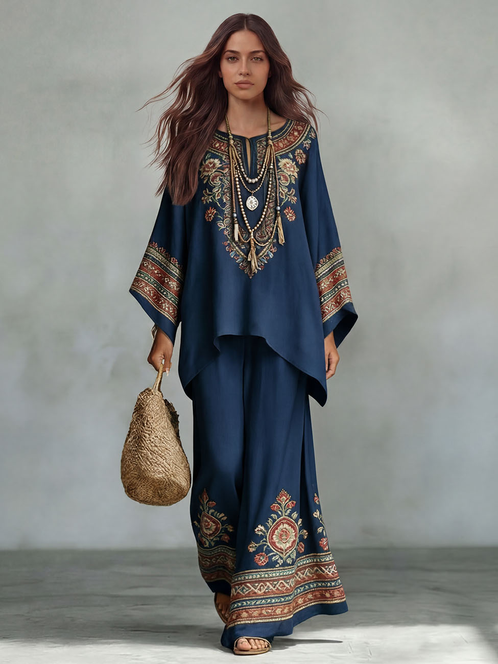 Retro Ethnic Floral Print Batwing Sleeve Shirt & Pants Two-Piece Set