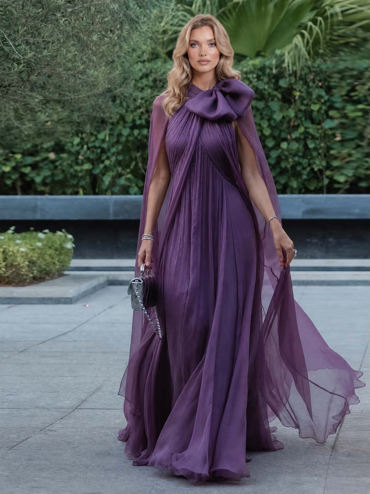 Elegant Sheer Chiffon Cape Bow Maxi Dress
