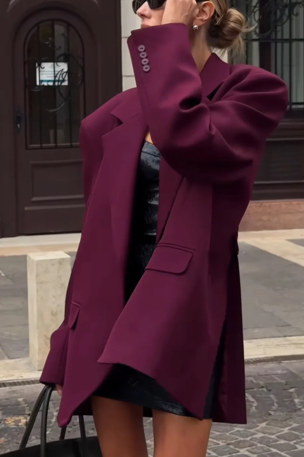 Women's Burgundy Oversized Single-Breasted Blazer with Notched Lapel