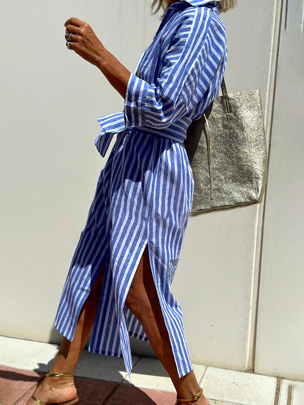 Splendor Stripes Printed Button Half Sleeve Belt Shirt Midi Dress-Likemychoice