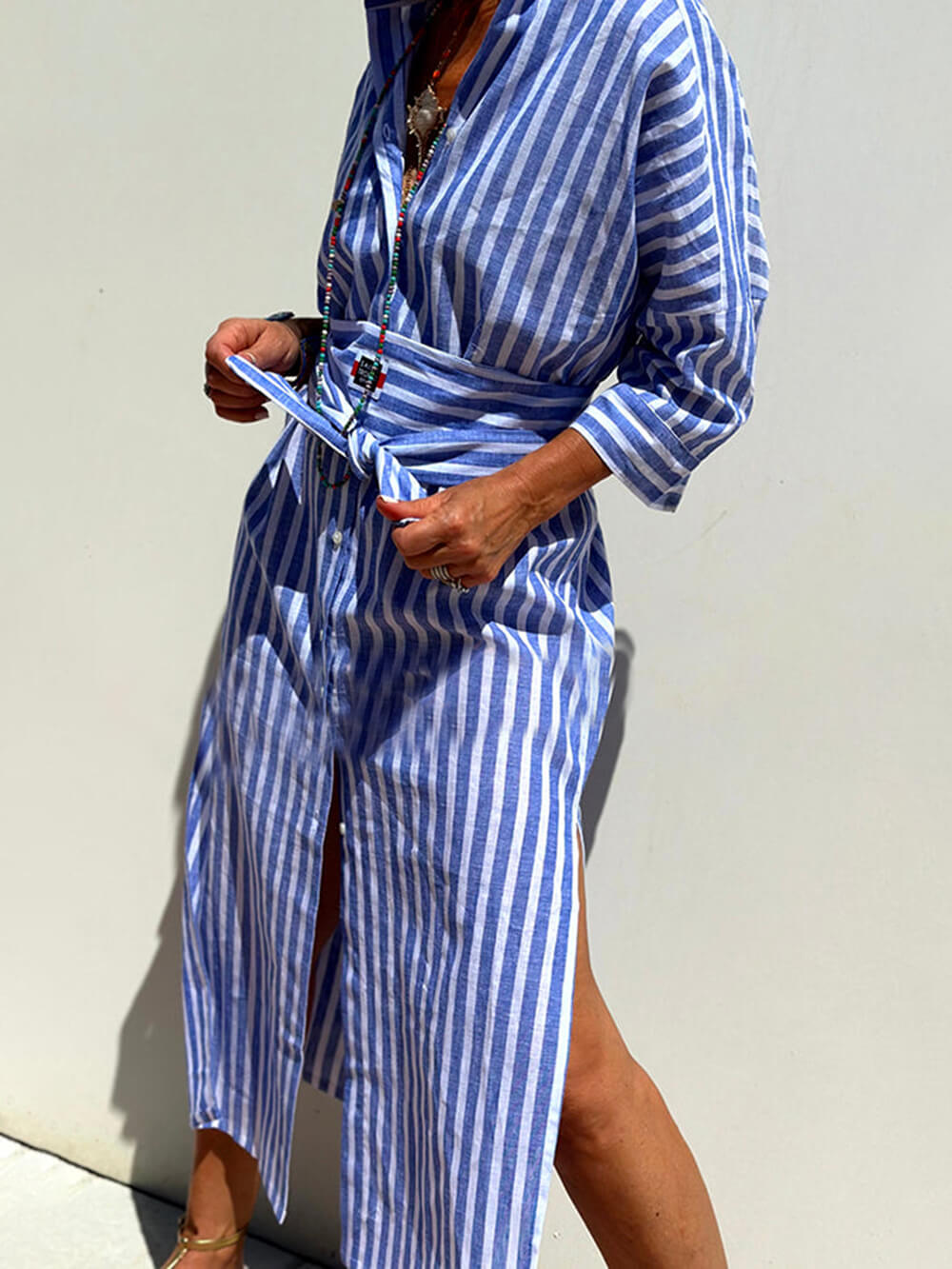 Splendor Stripes Printed Button Half Sleeve Belt Shirt Midi Dress-Likemychoice