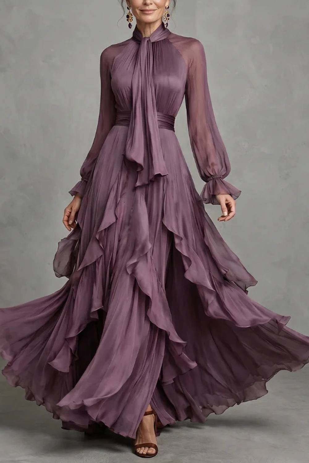 High Neck Tie Bow Sheer Long Sleeve Ruffled Flowy Maxi Evening Gown