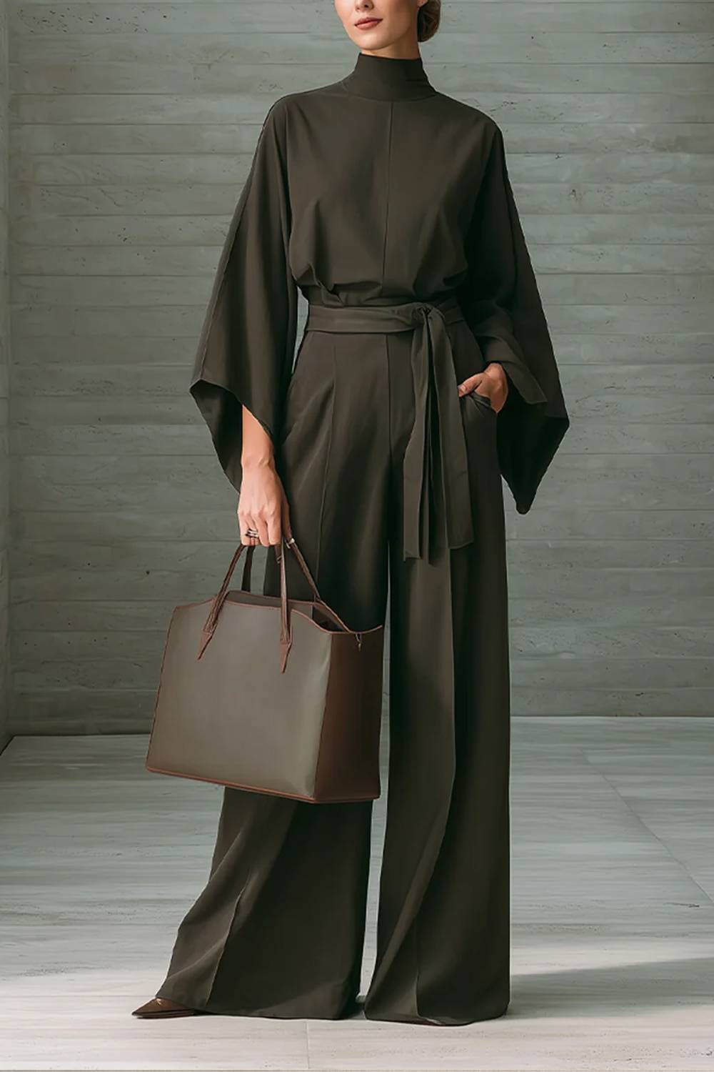 Half-turtleneck Wide-sleeve Tie-waist Wide-leg Jumpsuit