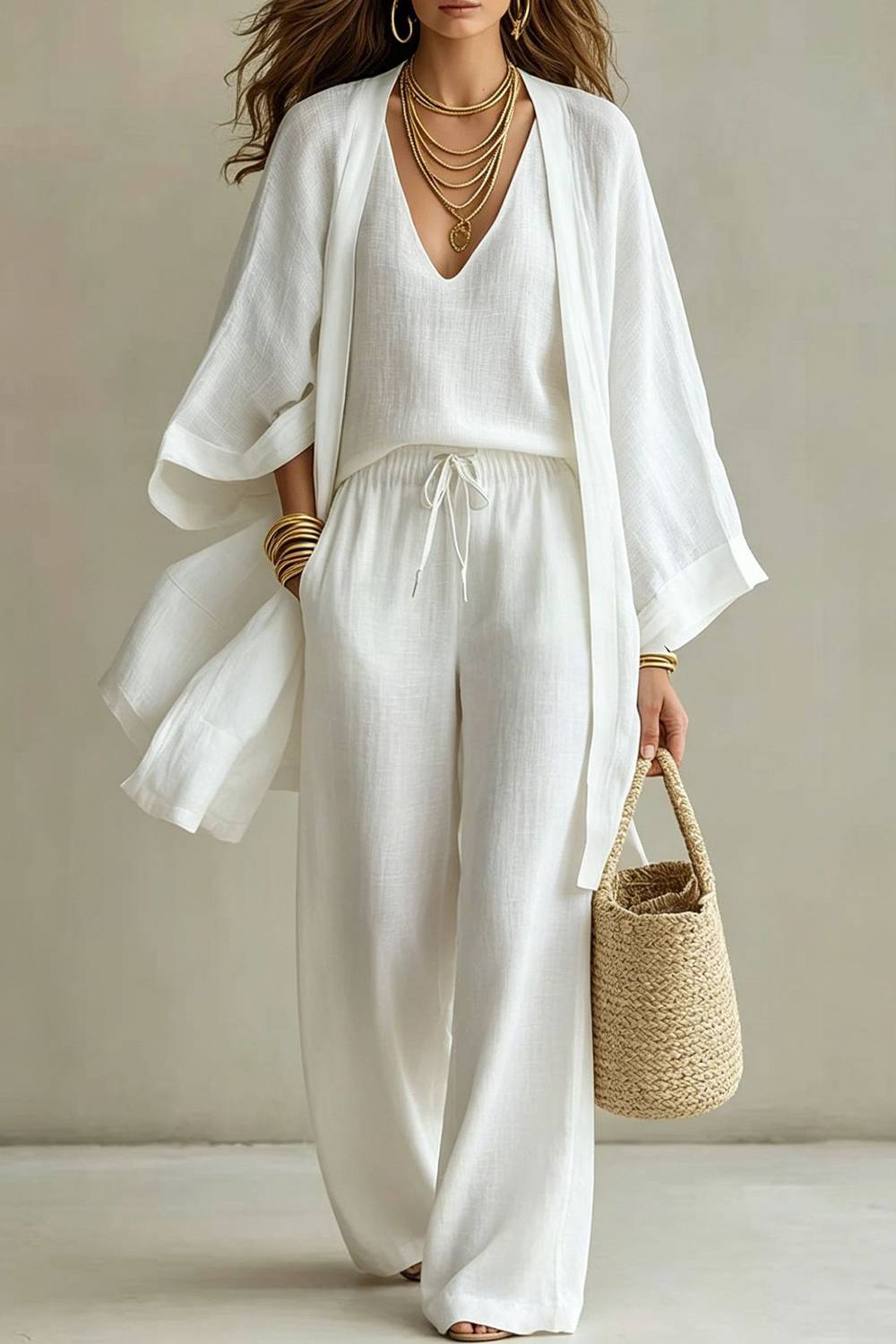 Simple V-neck Vest Cardigan Wide-leg Pants Three-piece Set
