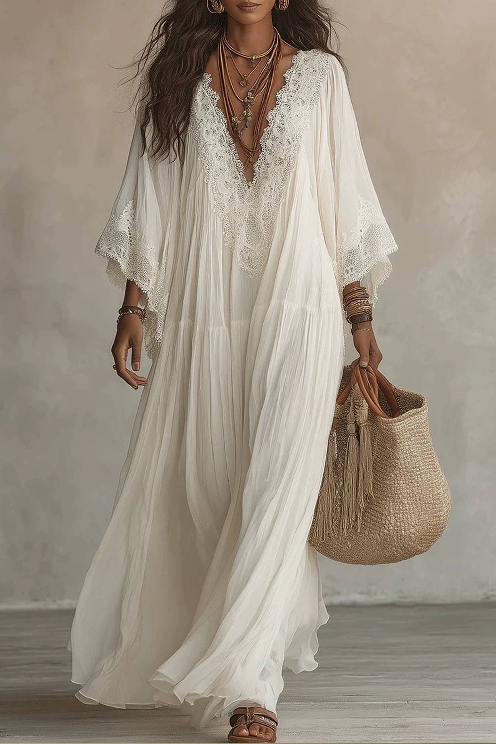 Lace V-neck Trumpet Sleeve Bohemian Long Dress