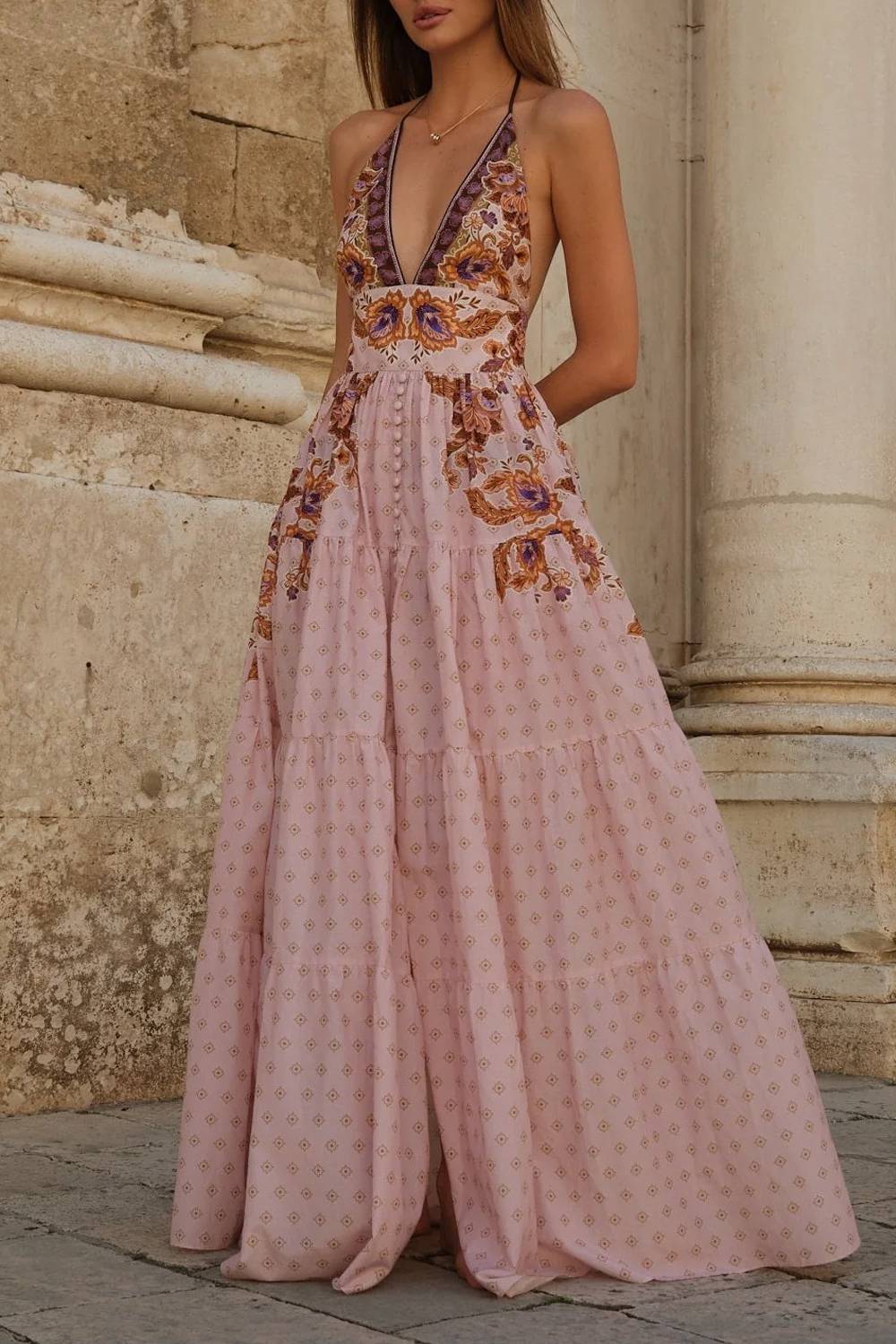 Bohemian V-neck Floral Print Long Dress