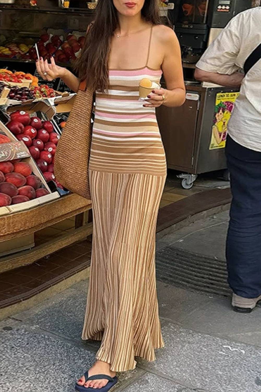 Vacation-style Color-block Striped Long Dress with Thin Straps