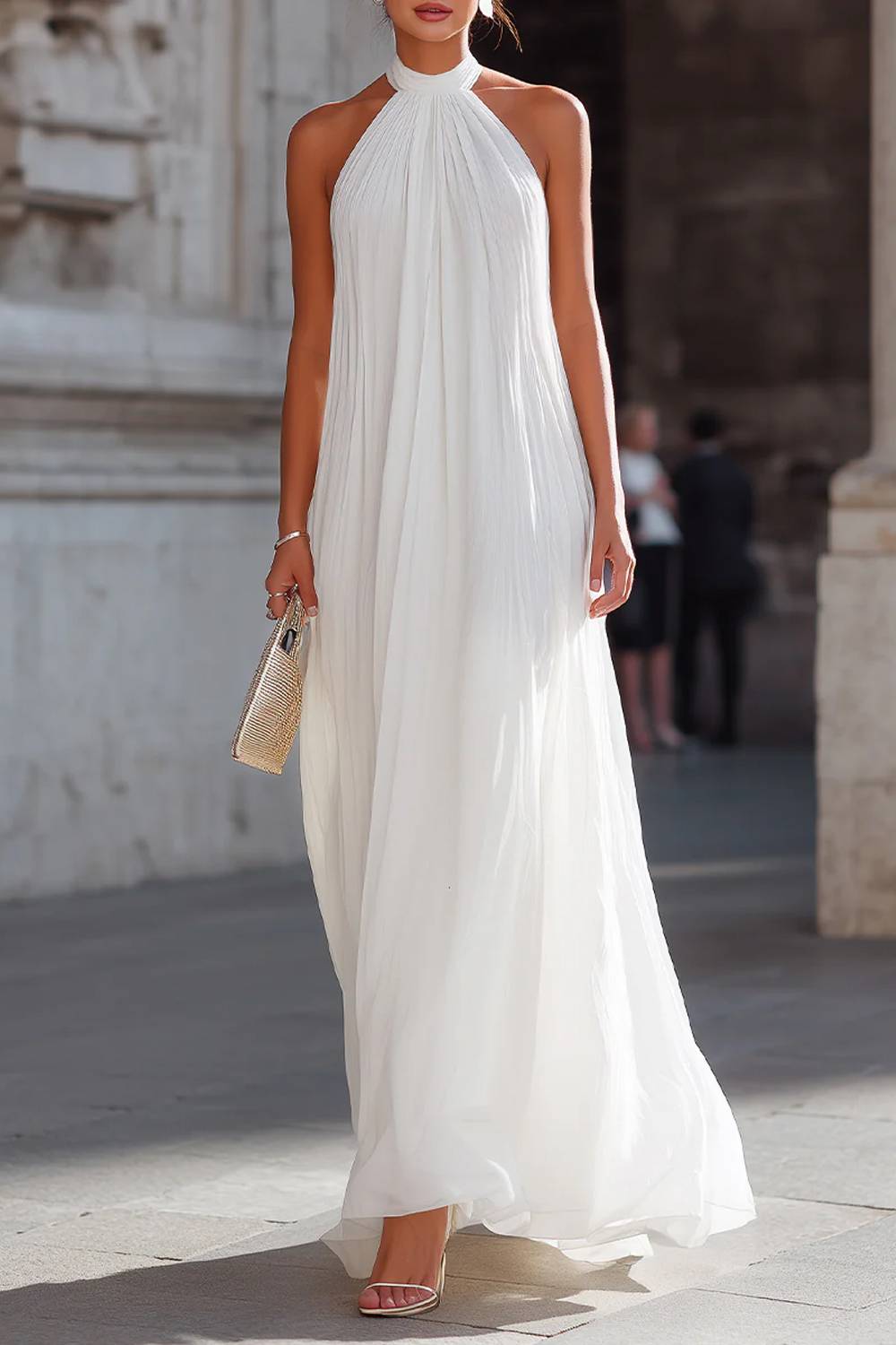 Sleeveless Halter Neck Crinkled Flow Maxi Dress