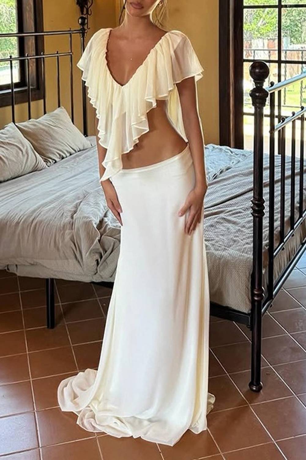 V‑Neck Ruffle Cut‑Out Top & Train Mermaid Maxi Skirt Two‑Piece Set