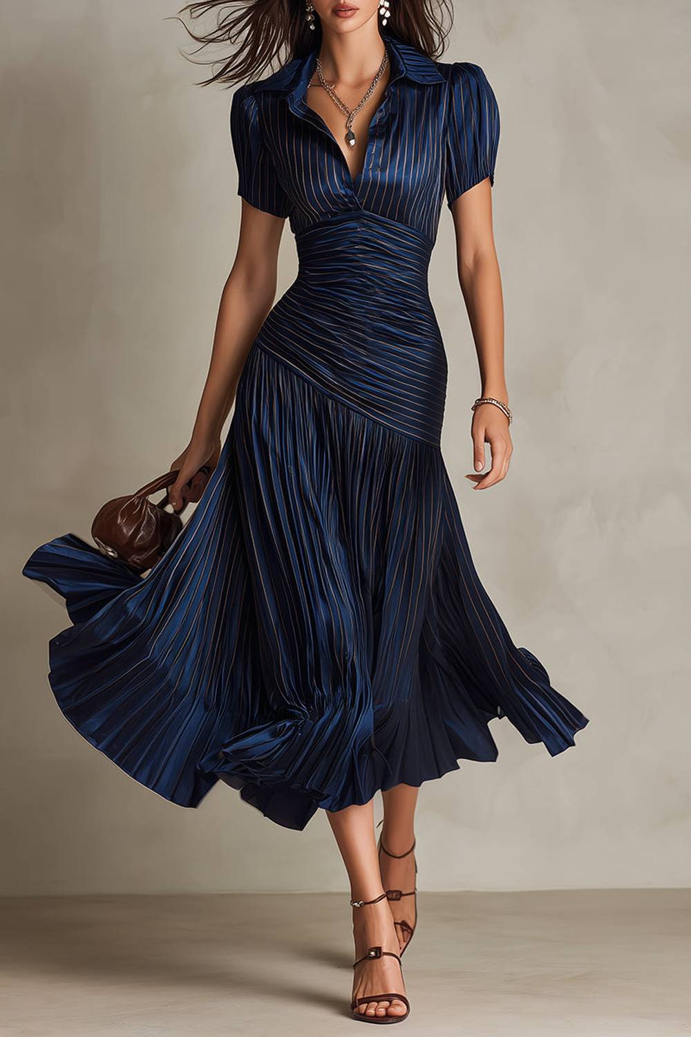 Collared Short Sleeve Striped Ruched Waist Pleated Midi Dress