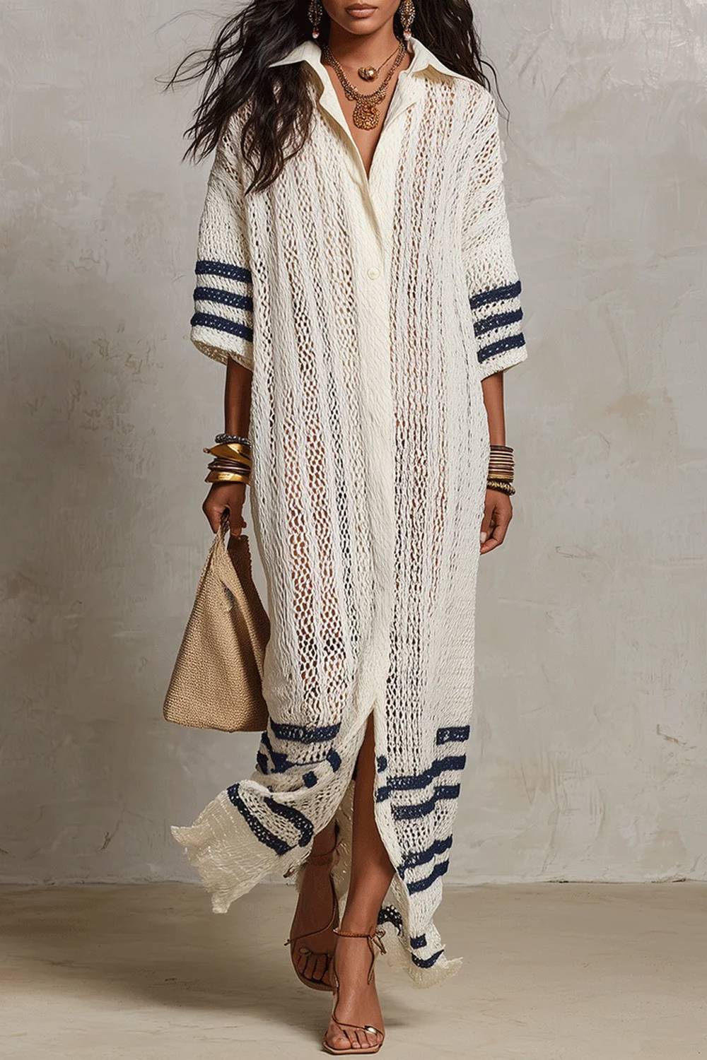 Vacation-style Hollow-out Knitted Blouse Long Skirt