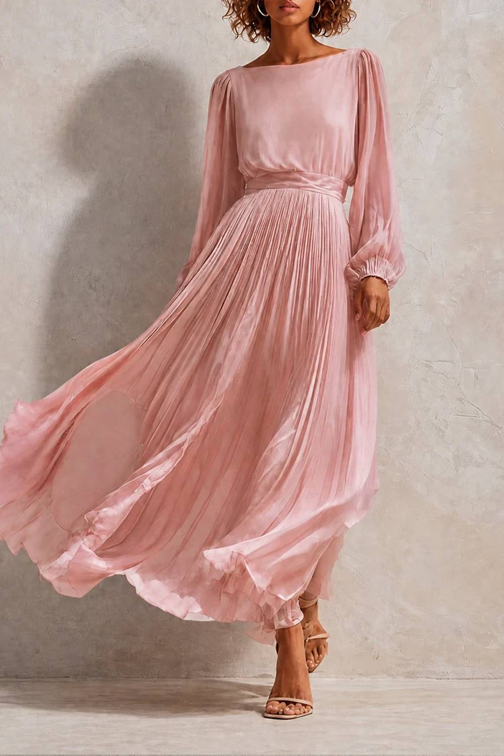 Long Sleeve Pleated Flowy Maxi Dress