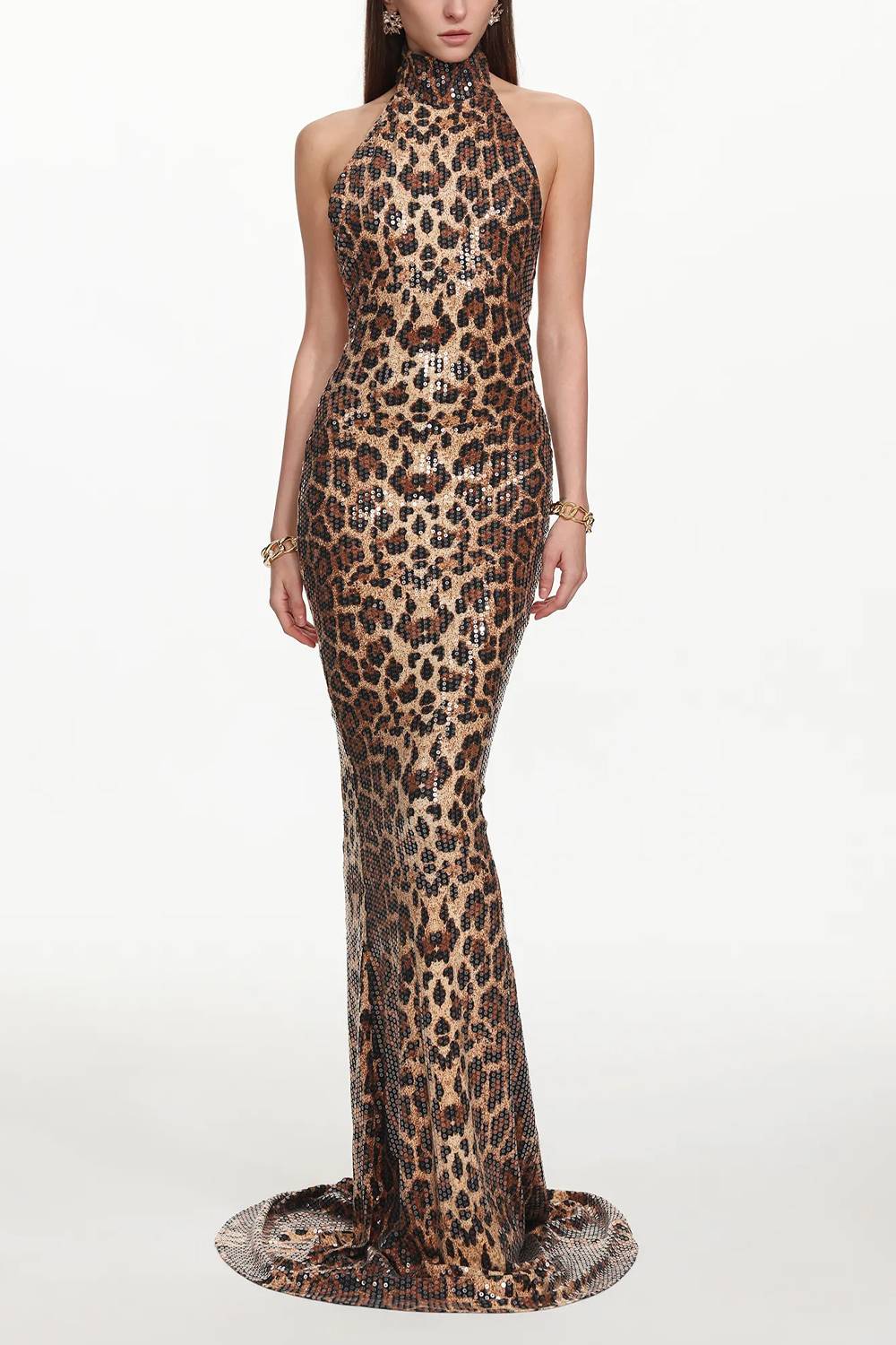 Leopard-Neck Sequin Fishtail Dress