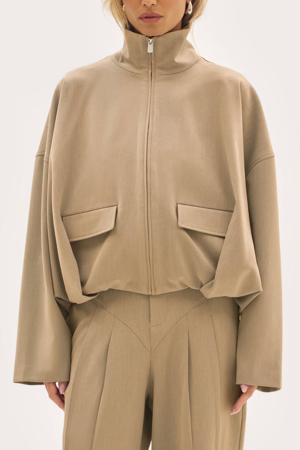 Oversized Stand‑Collar Zip‑Up Pocket Jacket