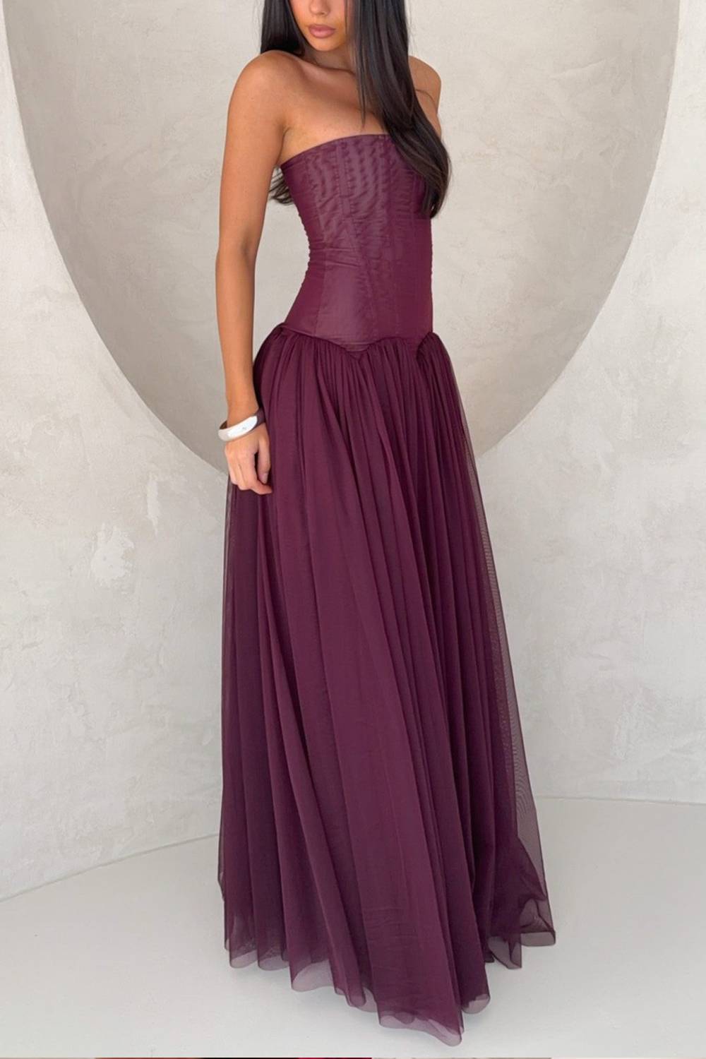 Strapless Corset‑Style Waist Tulle Flowy Maxi Evening Dress