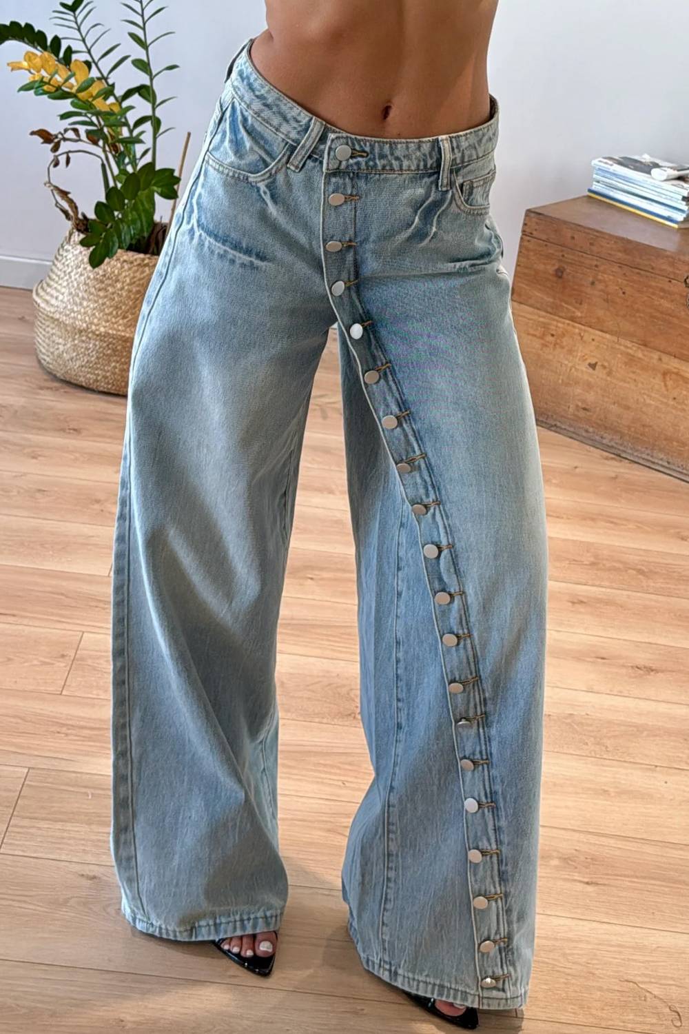 High Waist Button‑Front Wide Leg Denim Jeans