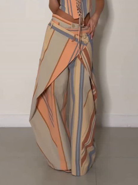 Pastel Stripe Corset Top & Draped Pants Two-Piece Set