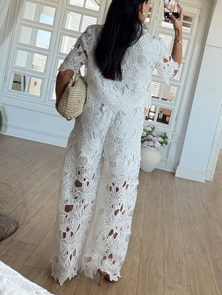 Casual Cutout Lace Short Sleeve Shirt