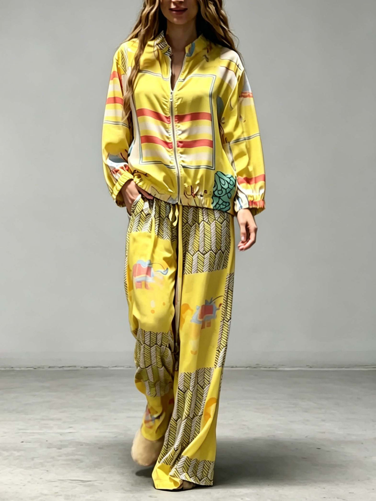 Casual Artistic Print Zip-Up Shirt