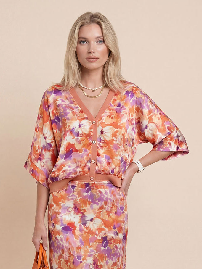 Exquisite Floral Print Satin Batwing Sleeve Shirt
