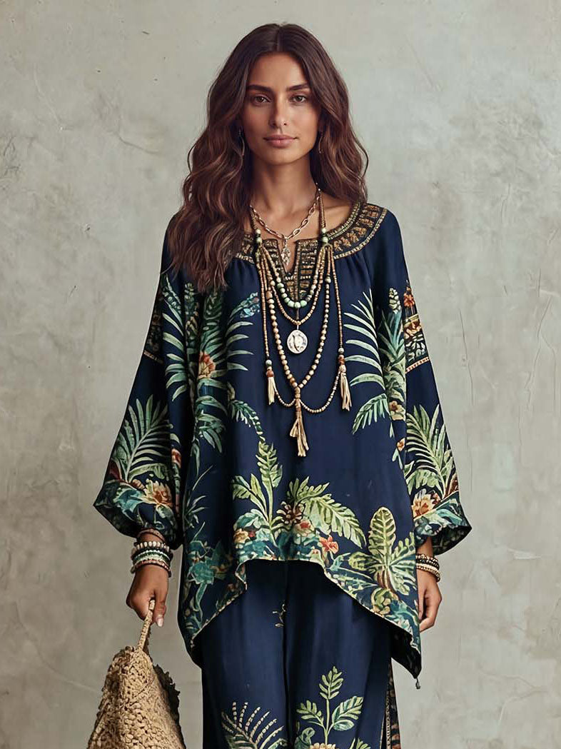 Casual Tropical Plant Print Batwing Sleeve Shirt & Pants Two-Piece Set