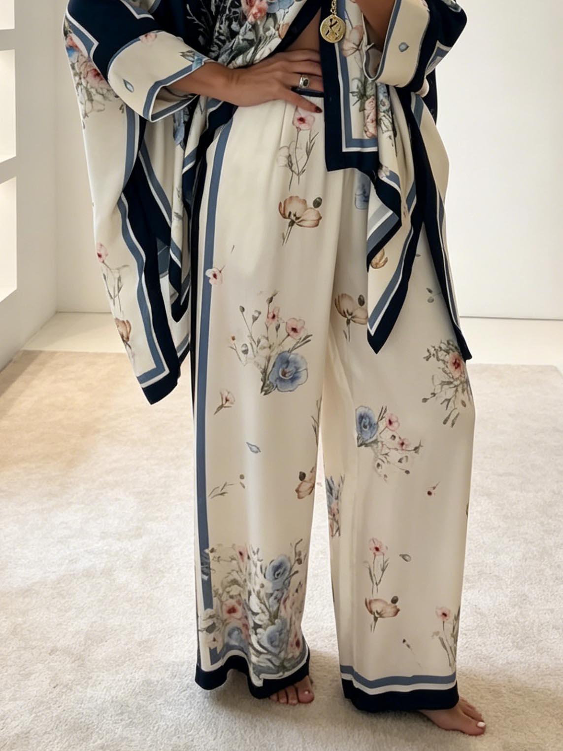 Exquisite Satin Print Loose Batwing Sleeve Open-Front Shirt