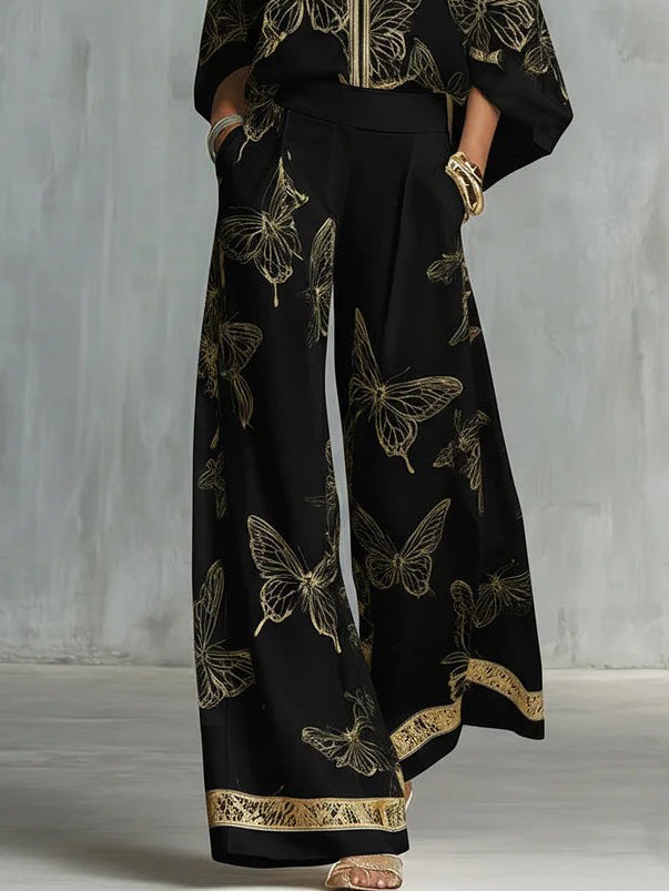 Elegant Butterfly Print Wide-Leg Pants