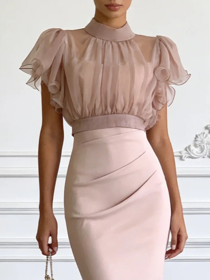 Elegant Sheer Chiffon Ruffle Sleeve Top & Ruched Midi Skirt Two-Piece Set