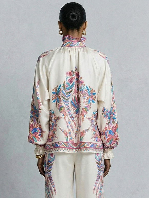 Exquisite Bow Detail Paisley Print Satin Shirt