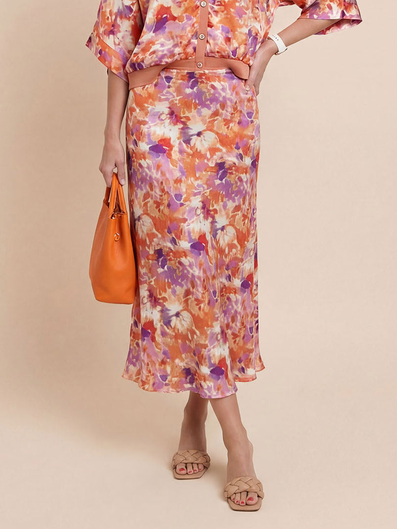 Exquisite Floral Print Satin Batwing Sleeve Shirt