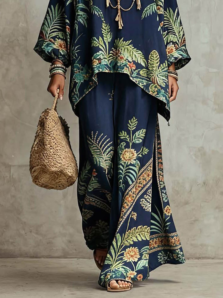 Casual Tropical Plant Print Batwing Sleeve Shirt & Pants Two-Piece Set