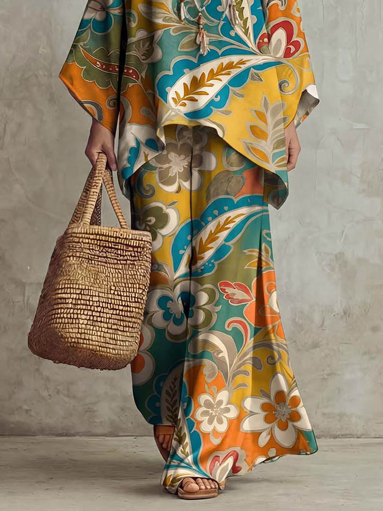 Retro Ethnic Style Paisley Print Flowing Batwing Sleeve Suit