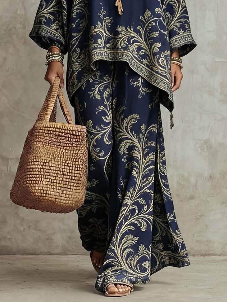 Casual Bohemian Leaf Print Batwing Sleeve Shirt Two-Piece Set