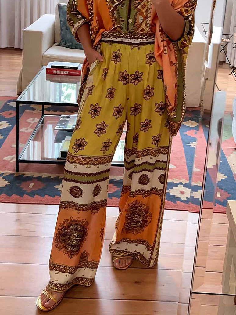 Unique Satin Paisley Print Batwing Sleeve Shirt & Trousers Two-piece Set