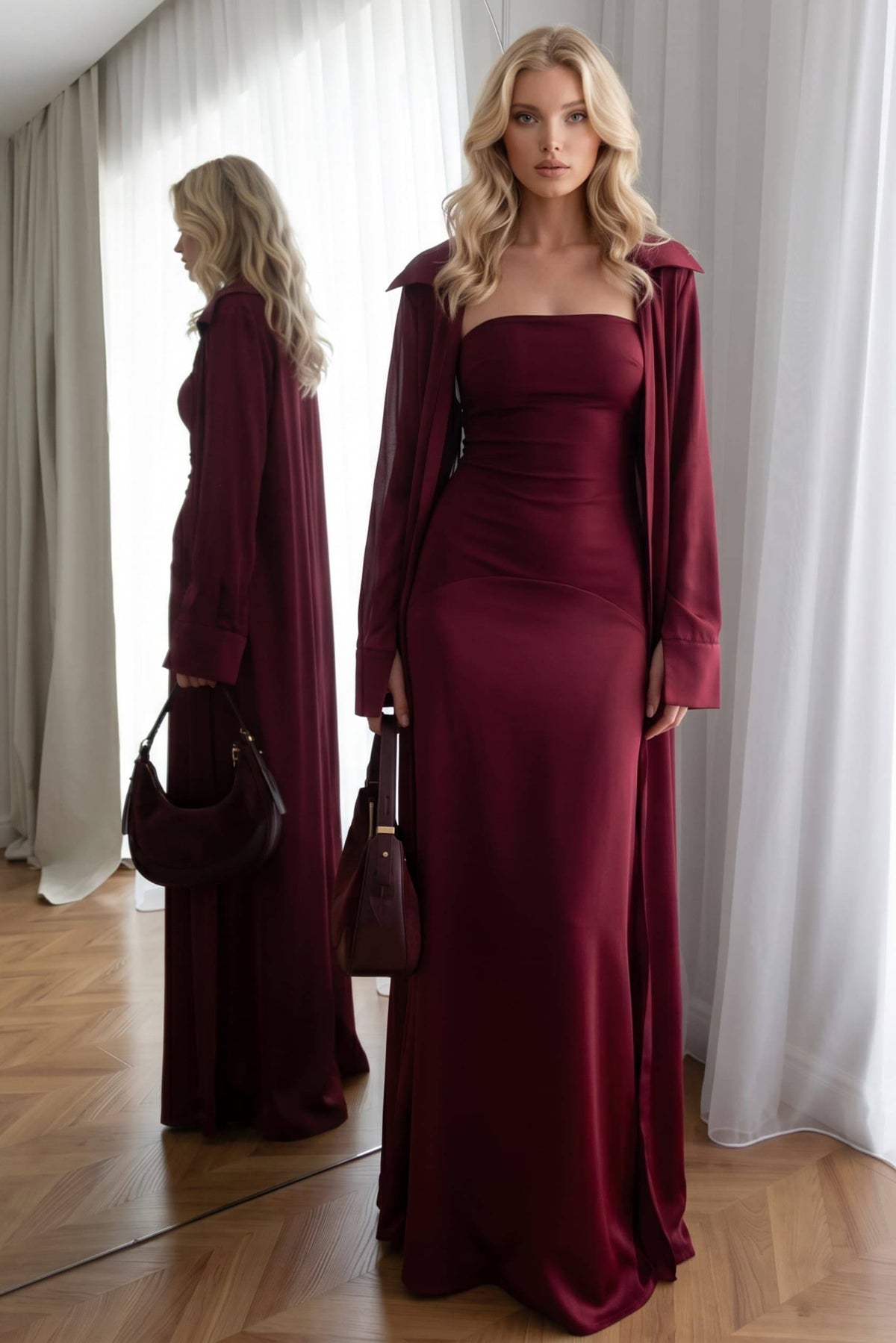 Elegant Satin Maxi Dress & Long Sheer Chiffon Cover-Up Two-Piece Set