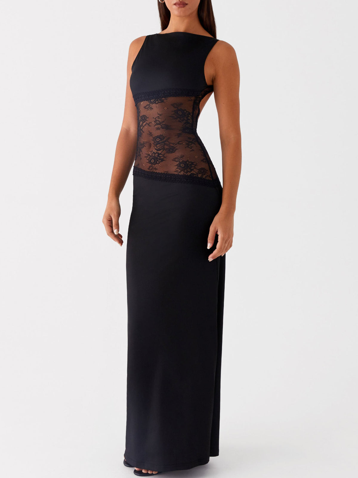 Elegant Sleeveless Boat Neck Black Lace Maxi Dress
